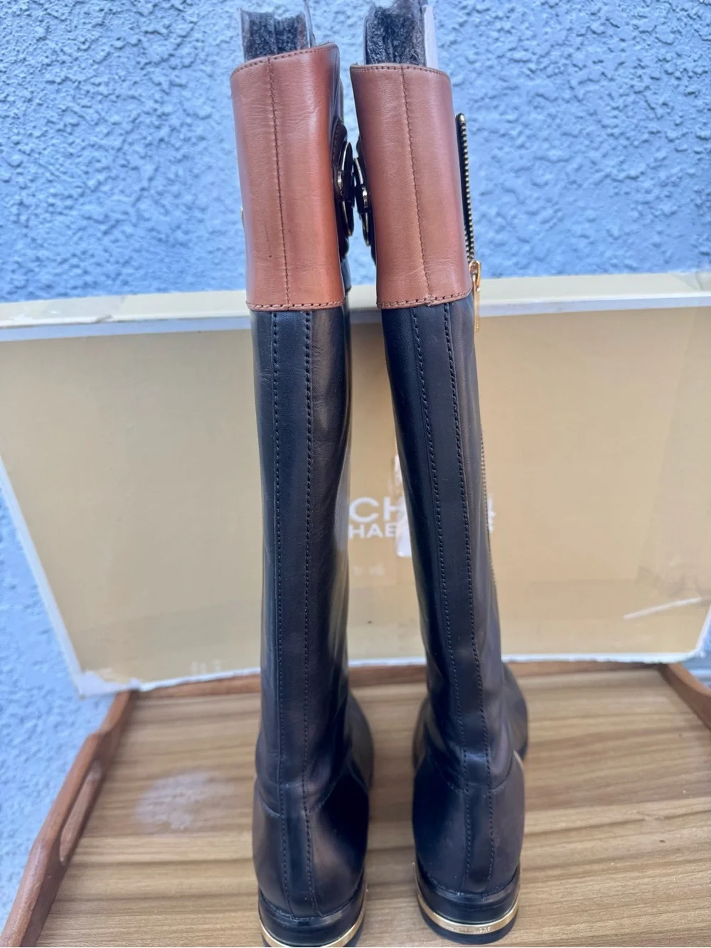Michael Kors Two-Tone Black Brown Leather Riding Boots Size 8.5 (17.5